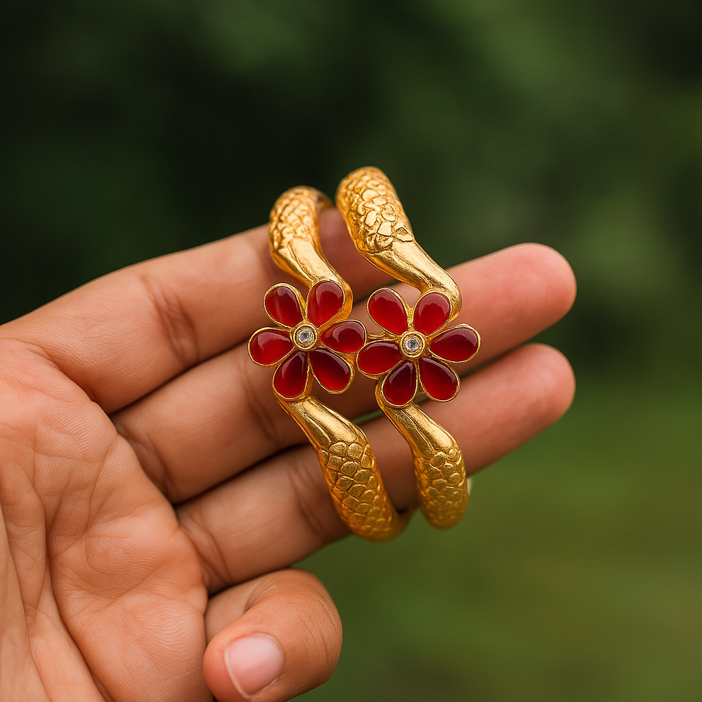 Elegant Floral Gold Bracelet with Red Enamel Accents