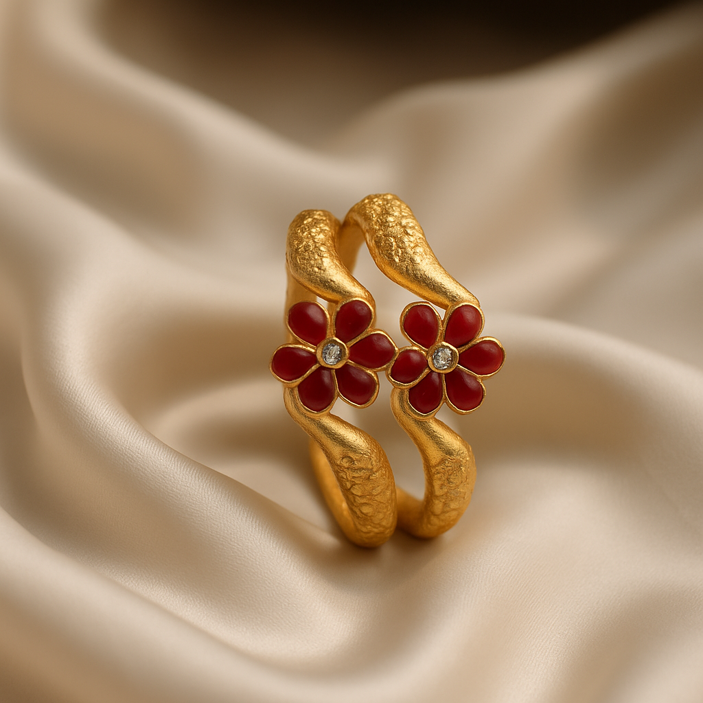 Elegant Floral Gold Bracelet with Red Enamel Accents