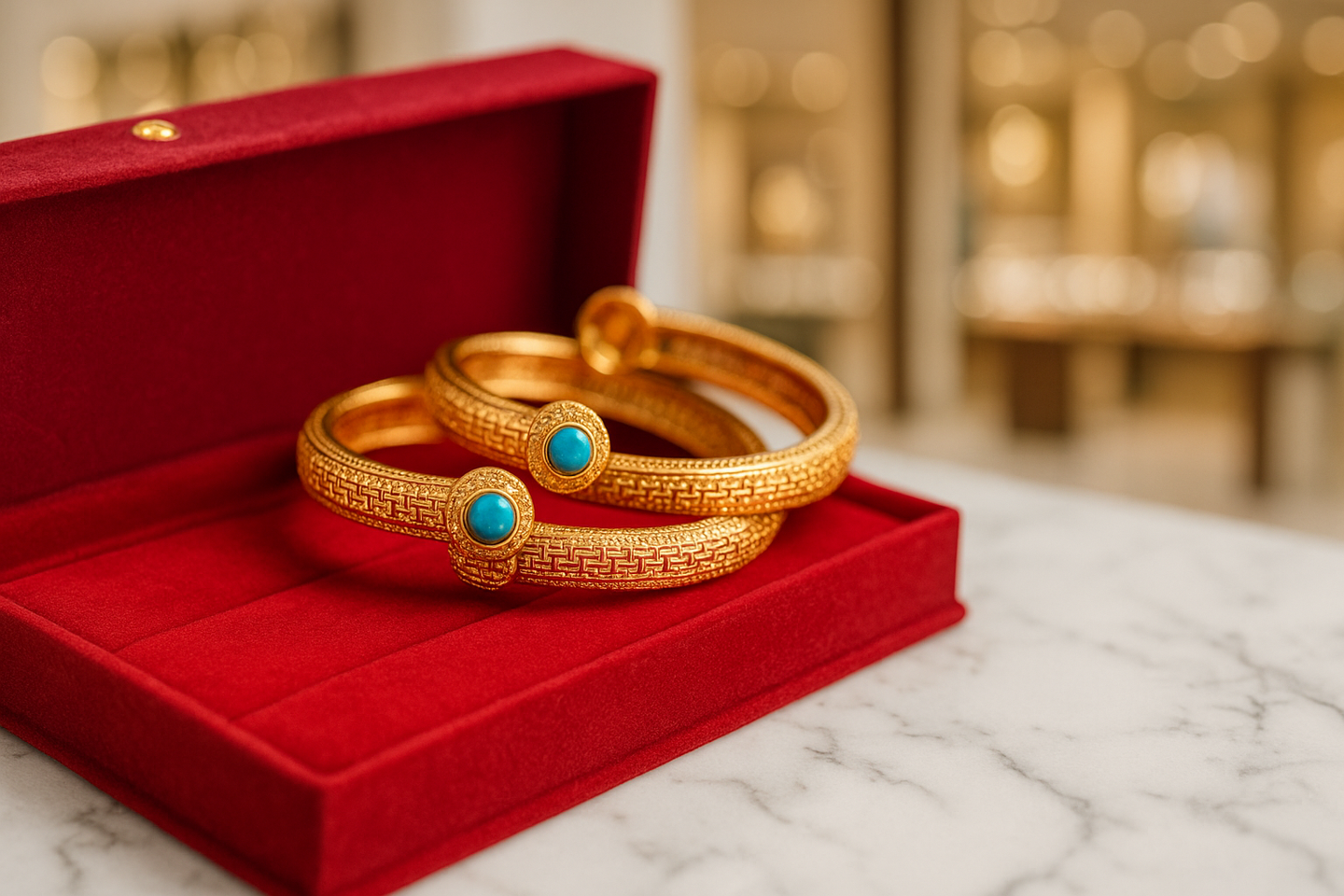 Intricately Carved Gold Bangles with Turquoise Stone Accents