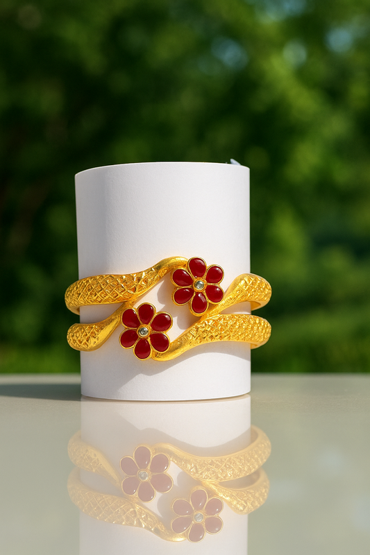 Elegant Floral Gold Bracelet with Red Enamel Accents