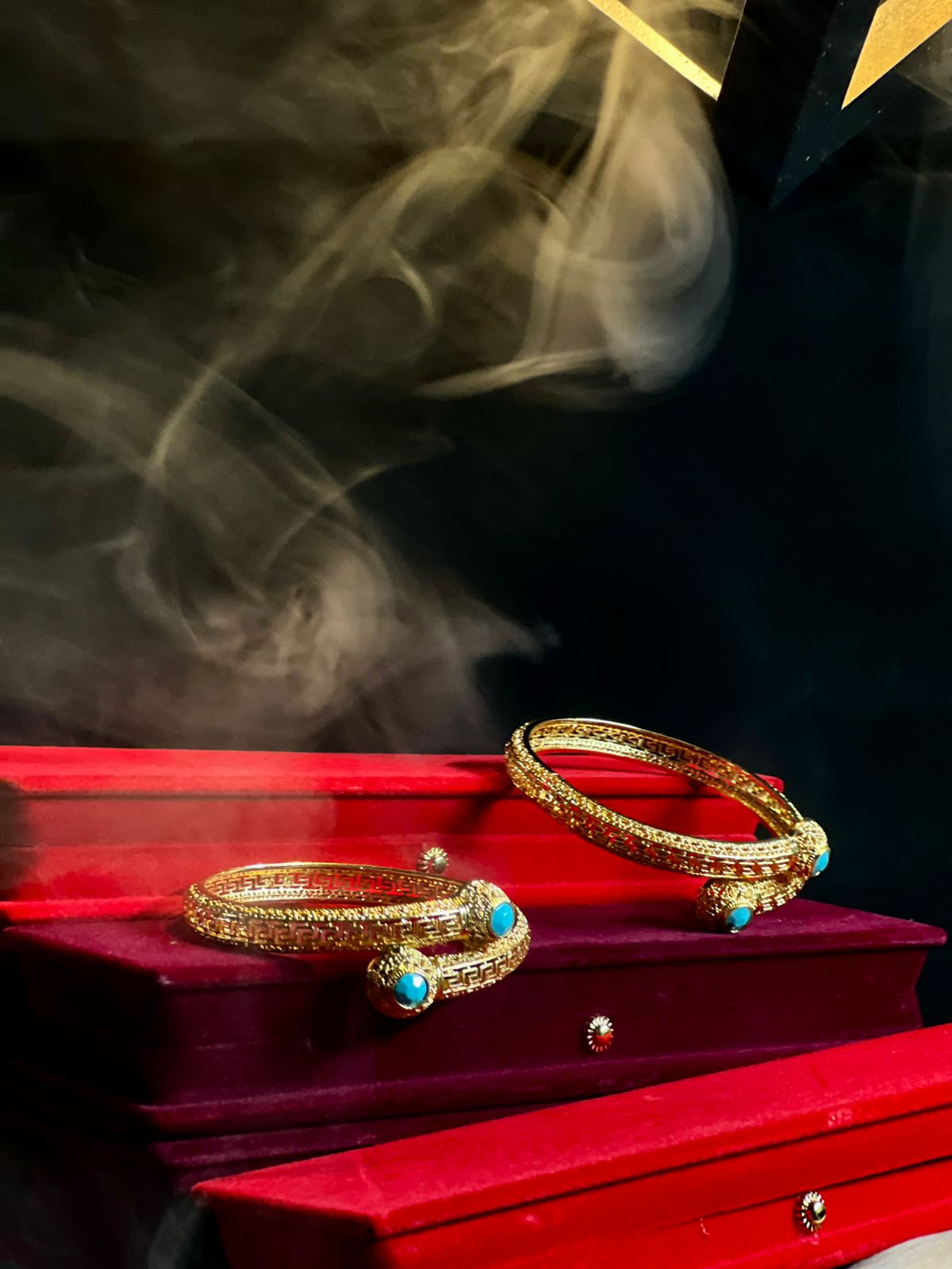 Intricately Carved Gold Bangles with Turquoise Stone Accents