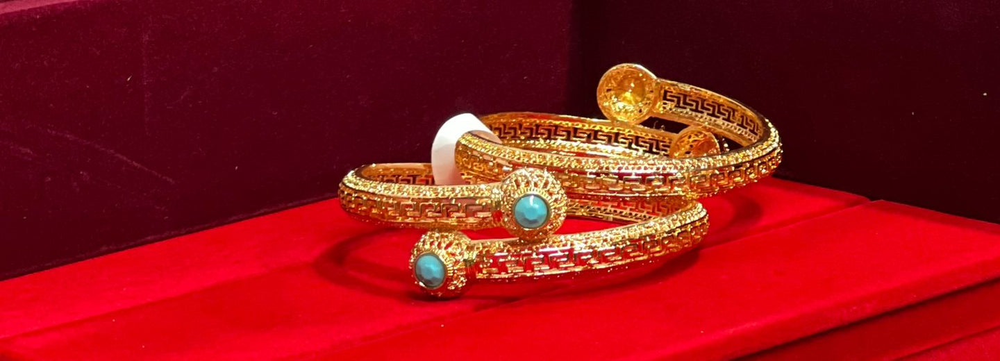 Intricately Carved Gold Bangles with Turquoise Stone Accents