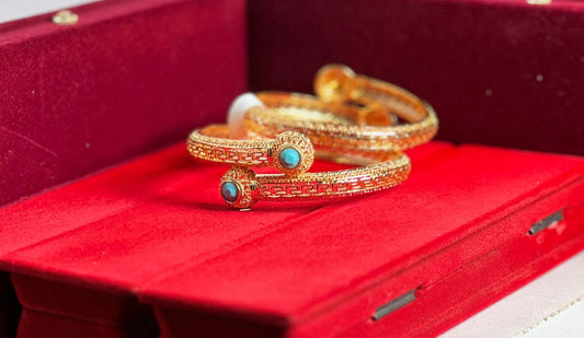 Intricately Carved Gold Bangles with Turquoise Stone Accents